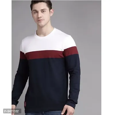 Reliable Navy Blue Polyester Blend Striped Round Neck Tees For Men