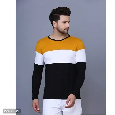 Reliable Golden Polyester Blend Striped Round Neck Tees For Men
