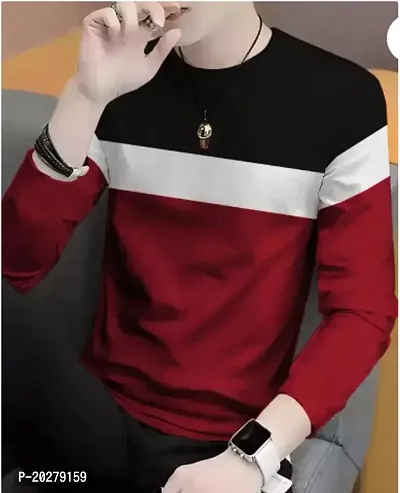 Reliable Maroon Polyester Blend Striped Round Neck Tees For Men