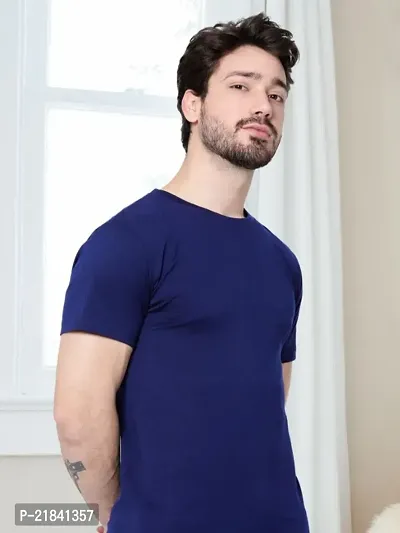 Reliable Navy Blue Polyester Solid Round Neck Tees For Men