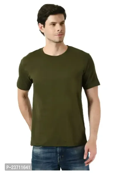 Reliable Olive Polyester Solid Round Neck Tees For Men-thumb0