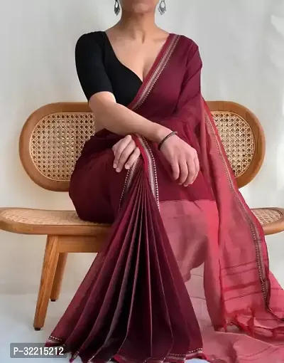 Stylish Maroon Cotton Silk Saree With Blouse Piece For Women-thumb0