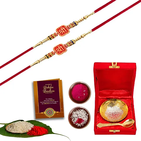 Rakhi, Greeting Card, Chawal Roli Pack Set (2 x Rakhi Combo Set, 1 x and Plated Bowl Set)