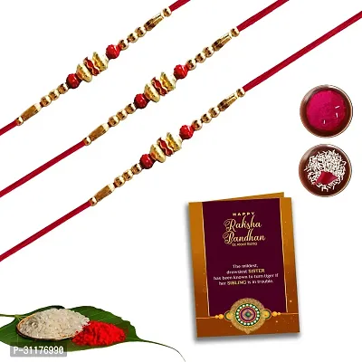 BHAVYARPAN Assorted Rakhi, Greeting Card, Chawal Roli Pack  Set 3 x Rakhi Combo Set-thumb0