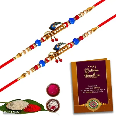 Designer Rakhi, Chawal Roli Pack, Greeting Card 2 Rakhi, 1Chawal Roli Pack, 1 Greeting Card