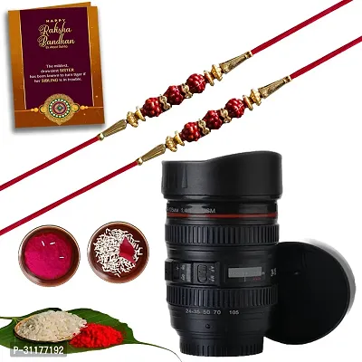 BHAVYARPAN Assorted Rakhi, Greeting Card, Chawal Roli Pack  Set 2 x Rakhi Combo Set, 1 x Camera Coffee Mug