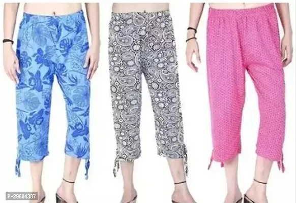 Multicoloured Cotton Capris For Women Pack Of 3-thumb0