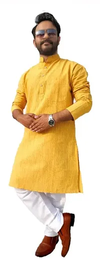 Mens Cotton Kurta Pajama Set Yellow