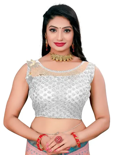 Net Blouse With Embroidery And Sequence Work (White Color)