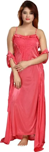 Vania's Grace Women's Satin Plain/Solid Full Length Nightdress/Nightwear Maxi Nighty with Robe Set (Free Size) - Light Pink-thumb3