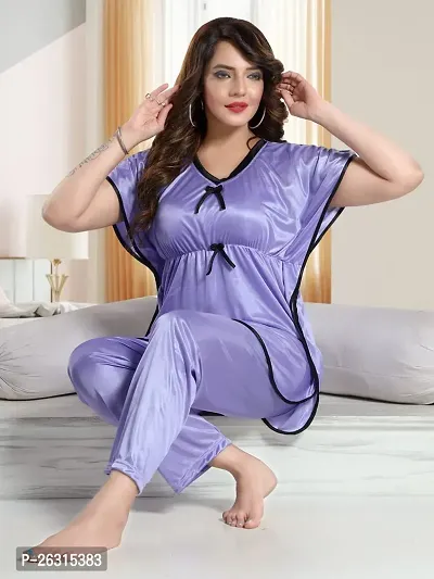 Vivaan Creation Kaftan Waist Tie Ups Dori Kimono Sleeves Kaftan Satin Comfort fit Nighty/Nightdress/Nightwear Pyjama Set for Women  Girls Pack of 1 Light Purple_L-thumb2