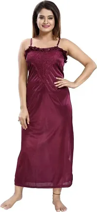 Vania's Grace Women's Satin Plain/Solid Full Length Nightdress/Nightwear Maxi Nighty with Robe Set (Free Size) - Wine-thumb3