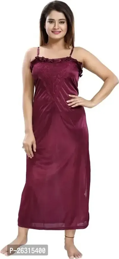 Vania's Grace Women's Satin Plain/Solid Full Length Nightdress/Nightwear Maxi Nighty with Robe Set (Free Size) - Wine-thumb4