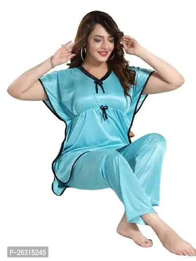 Vivaan Creation Kaftan Waist Tie Ups Dori Kimono Sleeves Kaftan Satin Comfort fit Nighty/Nightdress/Nightwear Pyjama Set for Women  Girls Pack of 1 Sky Blue_XXXL-thumb0