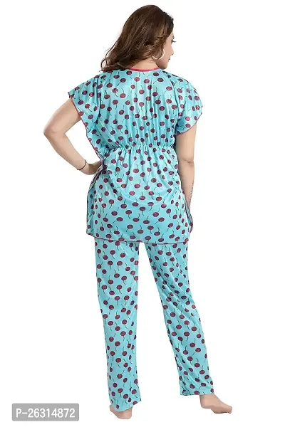 Vania's Grace Satin Kaftan Night Suit - Cherry Print Top Pyjama Set-thumb2