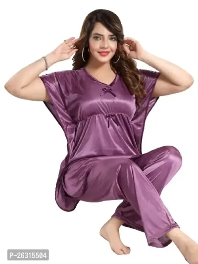 Vivaan Creation Kaftan Waist Tie Ups Dori Kimono Sleeves Kaftan Satin Comfort fit Nighty/Nightdress/Nightwear Pyjama Set for Women  Girls Pack of 1 Plum_XXXL