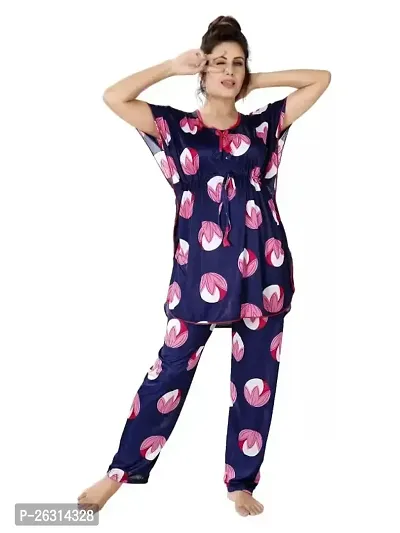 Vivaan Creation Night Suit Satin Fruit Printed Comfort fit Kaftan Nighty/Nightdress/Nightwear Suit Set Kaftan and Pyjama Set for Women/Girl - Blue