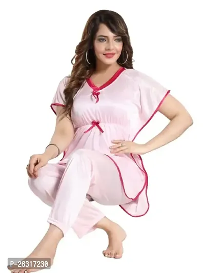 Vivaan Creation Kaftan Waist Tie Ups Dori Kimono Sleeves Kaftan Satin Comfort fit Nighty/Nightdress/Nightwear Pyjama Set for Women  Girls Pack of 1 Light Pink 1_XL-thumb0