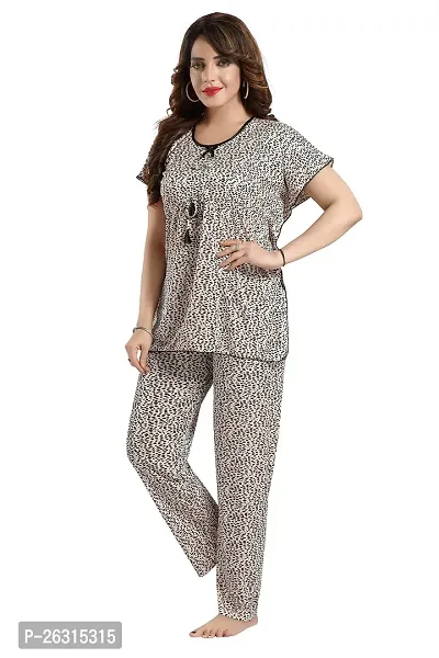 Vania's Grace Satin Kaftan Night Suit - Cheeta Print Top Pyjama Set for Women-thumb4