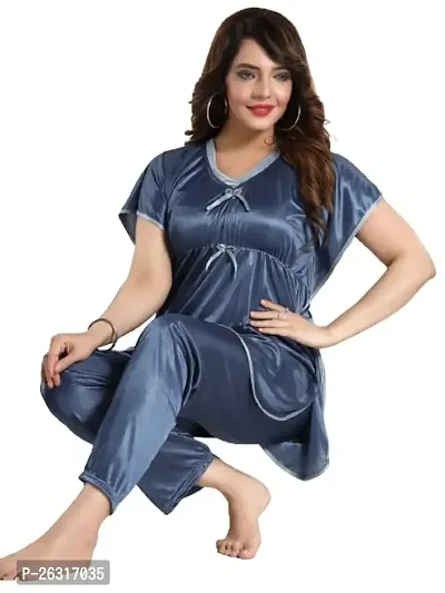 Vivaan Creation Kaftan Waist Tie Ups Dori Kimono Sleeves Kaftan Satin Comfort fit Nighty/Nightdress/Nightwear Pyjama Set for Women  Girls Pack of 1 Dark Grey_XXXL-thumb0