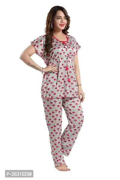 Vania's Grace Satin Kaftan Night Suit - Cherry Print Top Pyjama Set-thumb3