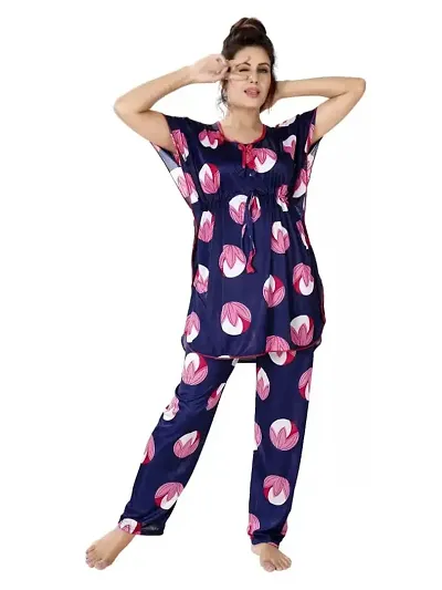 Vania's Grace Night Suit Set |Fruit Printed Satin Kaftan Nighty | Kaftan Night Suit with Pyjama Set for Women