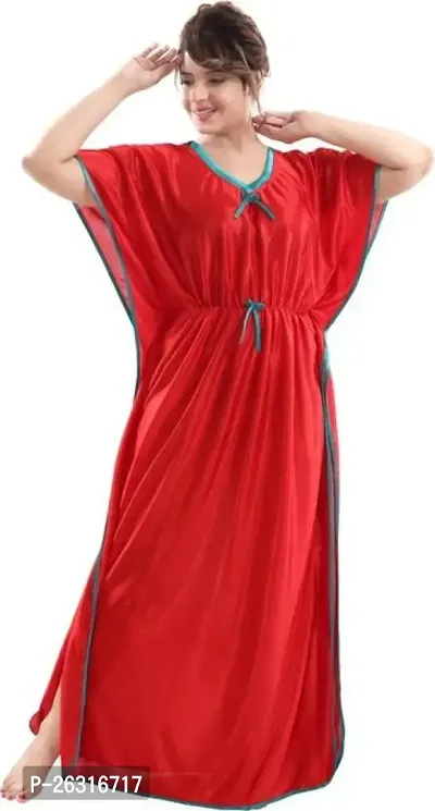 Vania's Grace Kaftan Waist Tie Ups Dori Kimono Short Sleeves Kaftan Satin Comfortable Nighty/Nightdress/Nightwear Full Length for Women/Girls - Red