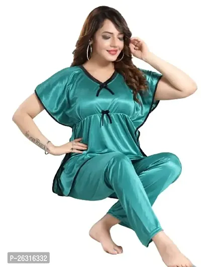 Vivaan Creation Kaftan Waist Tie Ups Dori Kimono Sleeves Kaftan Satin Comfort fit Nighty/Nightdress/Nightwear Pyjama Set for Women  Girls Pack of 1 Turquoise_XXL-thumb0