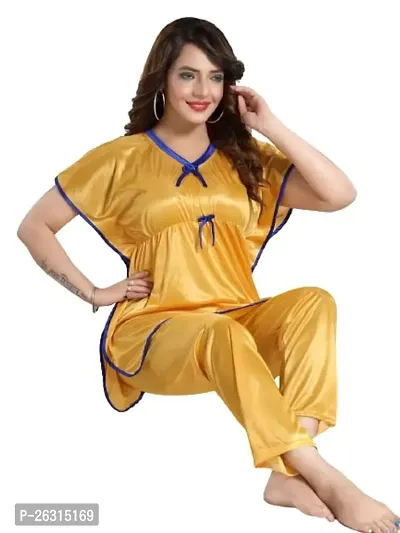 Vivaan Creation Kaftan Waist Tie Ups Dori Kimono Sleeves Kaftan Satin Comfort fit Nighty/Nightdress/Nightwear Pyjama Set for Women  Girls Pack of 1 Yellow_XXL-thumb0