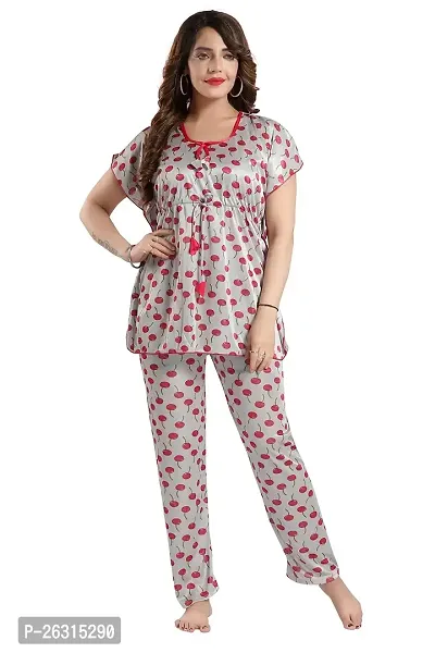 Vania's Grace Satin Kaftan Night Suit - Cherry Print Top Pyjama Set