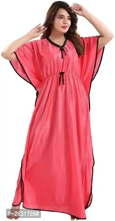 Vania's Grace Kaftan Waist Tie Ups Dori Kimono Short Sleeves Kaftan Satin Comfortable Nighty | Nightdress/Nightwear Full Length for Women/Girls | Pink-thumb0