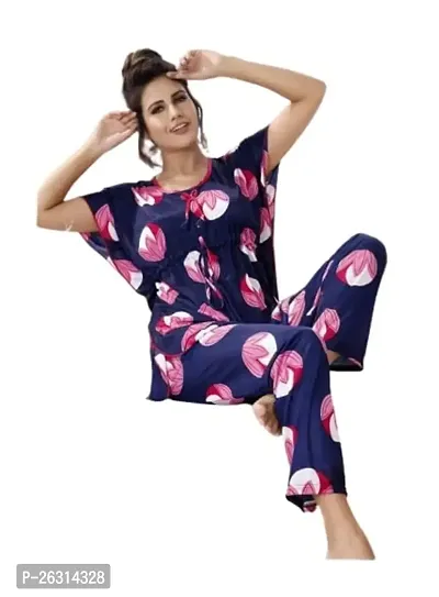 Vivaan Creation Night Suit Satin Fruit Printed Comfort fit Kaftan Nighty/Nightdress/Nightwear Suit Set Kaftan and Pyjama Set for Women/Girl - Blue-thumb5