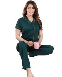 Vivaan Creation Women's Satin Plain/Solid Night Suit Set Casual and Classic Night Wear Shirt  Pyjama Set Pack of 1 Green_XL-thumb1