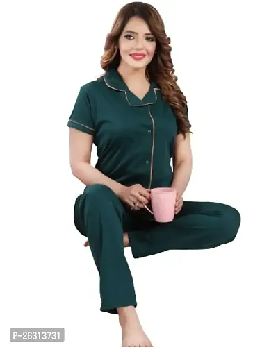 Vivaan Creation Women's Satin Plain/Solid Night Suit Set Casual and Classic Night Wear Shirt  Pyjama Set Pack of 1 Green_XL-thumb2