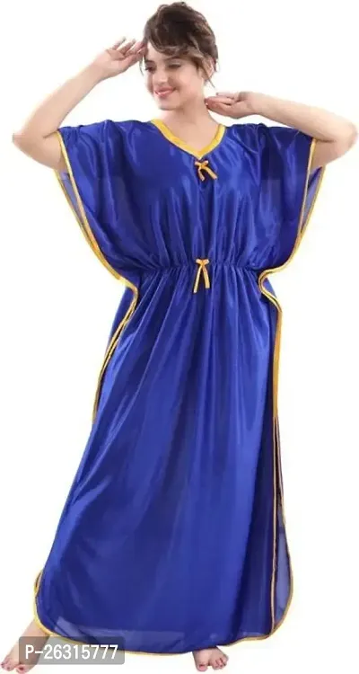 Vivaan Creation Kaftan Waist Tie Ups Dori Kimono Short Sleeves Kaftan Satin Comfortable Nighty/Nightdress/Nightwear Full Length for Women/Girls_German Blue