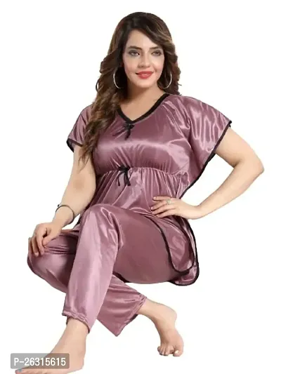 Vivaan Creation Kaftan Waist Tie Ups Dori Kimono Sleeves Kaftan Satin Comfort fit Nighty/Nightdress/Nightwear Pyjama Set for Women  Girls Pack of 1 Purple 1_L