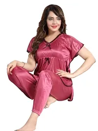 Vivaan Creation Kaftan Waist Tie Ups Dori Kimono Sleeves Kaftan Satin Comfort fit Nighty/Nightdress/Nightwear Pyjama Set for Women  Girls Pack of 1 Pink_L-thumb1