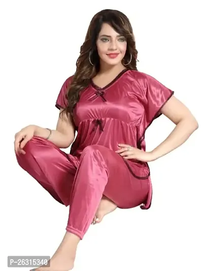 Vivaan Creation Kaftan Waist Tie Ups Dori Kimono Sleeves Kaftan Satin Comfort fit Nighty/Nightdress/Nightwear Pyjama Set for Women  Girls Pack of 1 Pink_L-thumb2