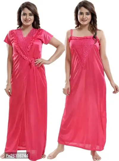 Vivaan Creation Women's Satin Plain/Solid Full Length Nightdress/Nightwear Maxi Nighty with Robe Set of 2 - Dark Pink