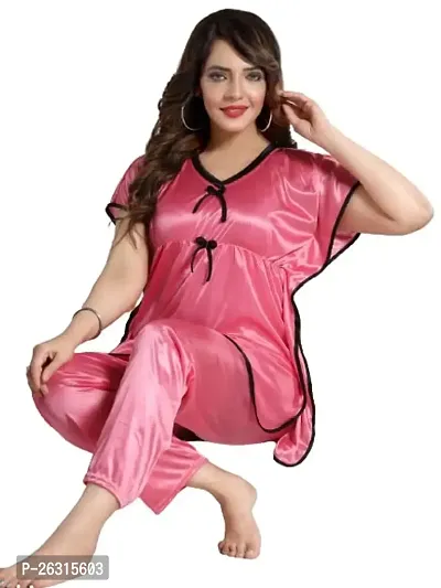 Vivaan Creation Kaftan Waist Tie Ups Dori Kimono Sleeves Kaftan Satin Comfort fit Nighty/Nightdress/Nightwear Pyjama Set for Women  Girls Pack of 1 Light Pink_L-thumb0