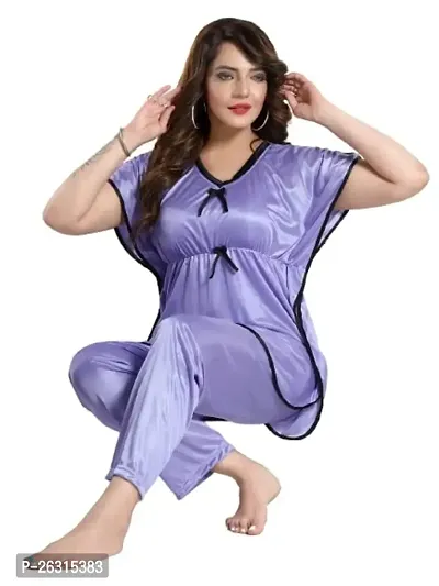 Vivaan Creation Kaftan Waist Tie Ups Dori Kimono Sleeves Kaftan Satin Comfort fit Nighty/Nightdress/Nightwear Pyjama Set for Women  Girls Pack of 1 Light Purple_L