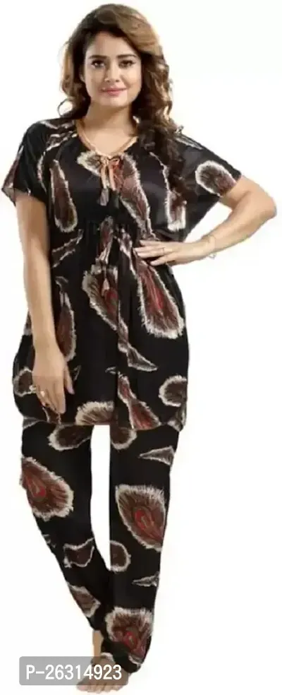 Vania's Grace Night Suit Set |Feather Printed Satin Kaftan Nighty | Kaftan Night Suit with Pyjama Set for Women