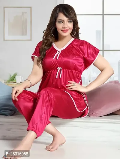 Vivaan Creation Kaftan Waist Tie Ups Dori Kimono Sleeves Kaftan Satin Comfort fit Nighty/Nightdress/Nightwear Pyjama Set for Women  Girls Pack of 1 Red 2_XXXL-thumb2