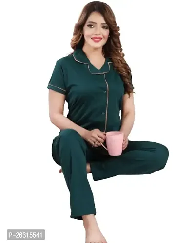 Vivaan Creation Women's Satin Plain/Solid Night Suit Set Casual and Classic Night Wear Shirt  Pyjama Set Pack of 1 Green_XXL-thumb2