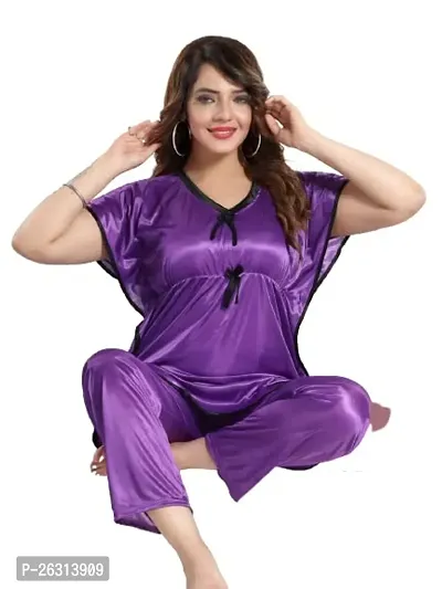 Vivaan Creation Kaftan Waist Tie Ups Dori Kimono Sleeves Kaftan Satin Comfort fit Nighty/Nightdress/Nightwear Pyjama Set for Women  Girls Pack of 1 Violet_XXXL-thumb0