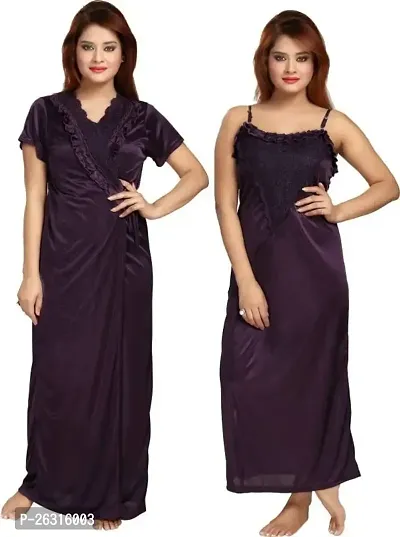 Vania's Grace Women's Satin Plain/Solid Full Length Nightdress/Nightwear Maxi Nighty with Robe Set?| Purple-thumb0