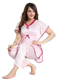 Vivaan Creation Kaftan Waist Tie Ups Dori Kimono Sleeves Kaftan Satin Comfort fit Nighty/Nightdress/Nightwear Pyjama Set for Women  Girls Pack of 1 Light Pink 1_XXXL-thumb1