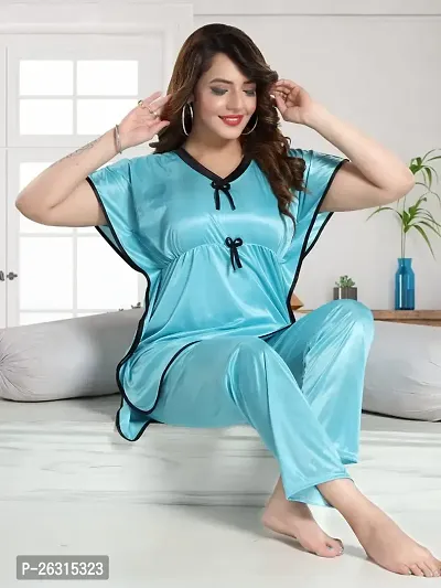 Vivaan Creation Kaftan Waist Tie Ups Dori Kimono Sleeves Kaftan Satin Comfort fit Nighty/Nightdress/Nightwear Pyjama Set for Women  Girls Pack of 1 Sky Blue_L-thumb2