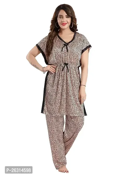 Vania's Grace Satin Kaftan Knee Length Night Suit - Tiger Print Kaftan top and Pyjama Set-1-thumb0