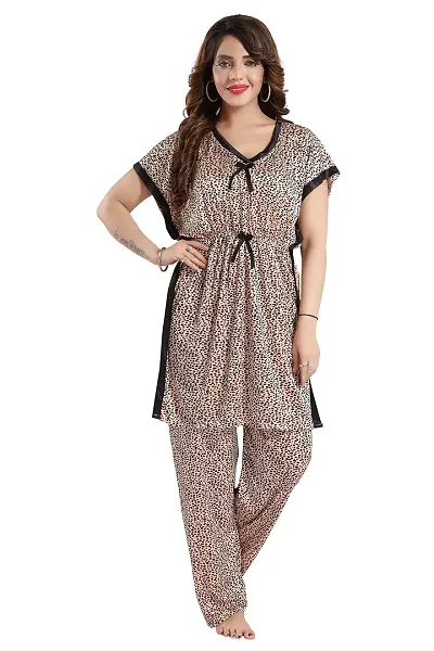 Vania's Grace Satin Kaftan Knee Length Night Suit - Tiger Print Kaftan top and Pyjama Set-1